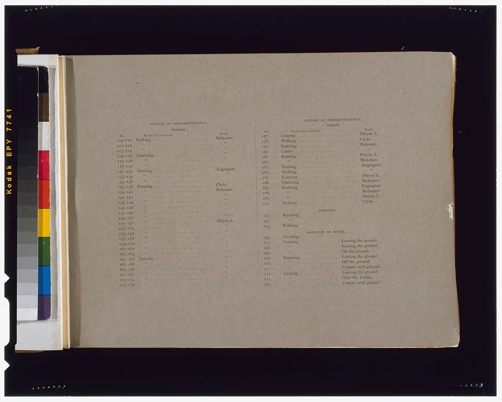 [Page of text with "Index of illustrations"  from "The attitudes of…, Palo Alto, California, 1881